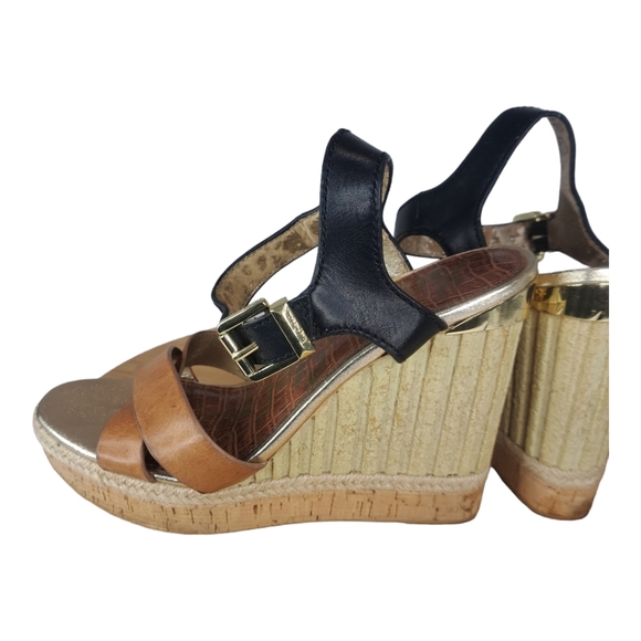 Sam Edelman Women Shoe #Clay Wedge Size 8.5 Textured Heel Black & Brown Leather - Picture 3 of 16